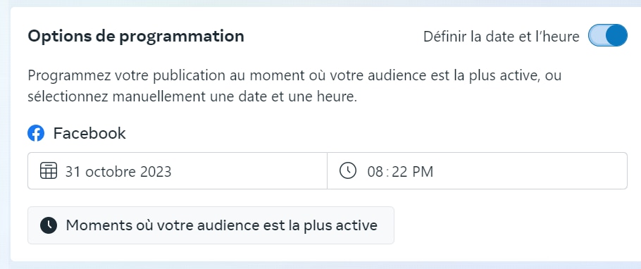 Date et heure de programmation de post sur Meta