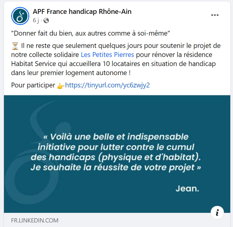 Publication d'APF France Handicap - donner des nouvelles de sa collecte