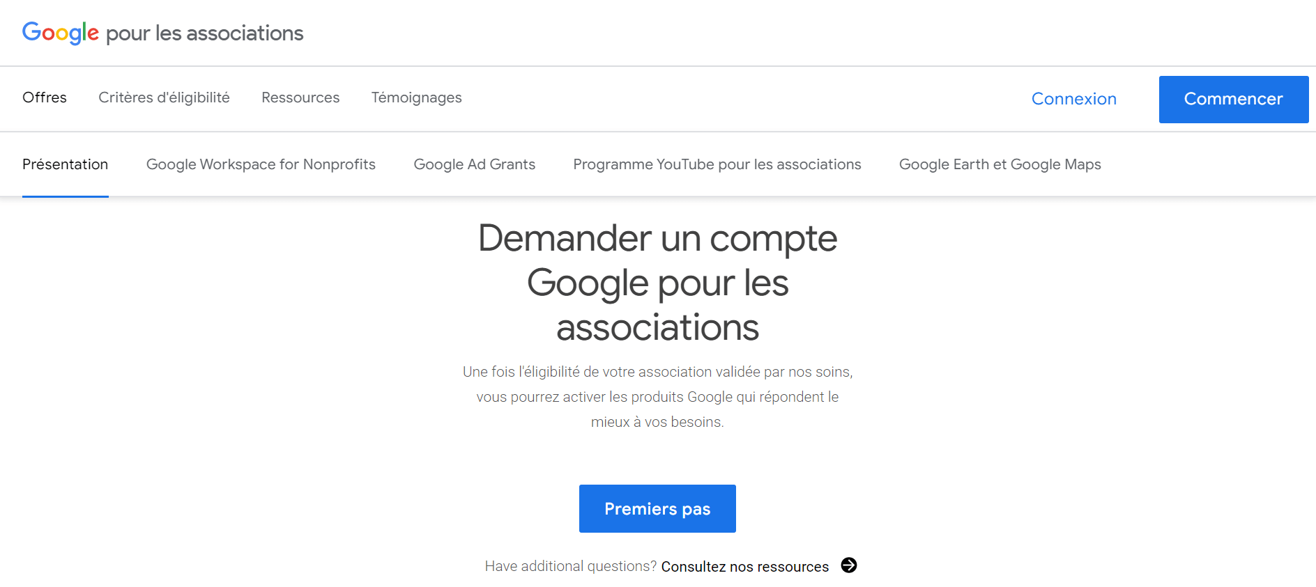 Interface Google pour les associations afin de demander un compte.