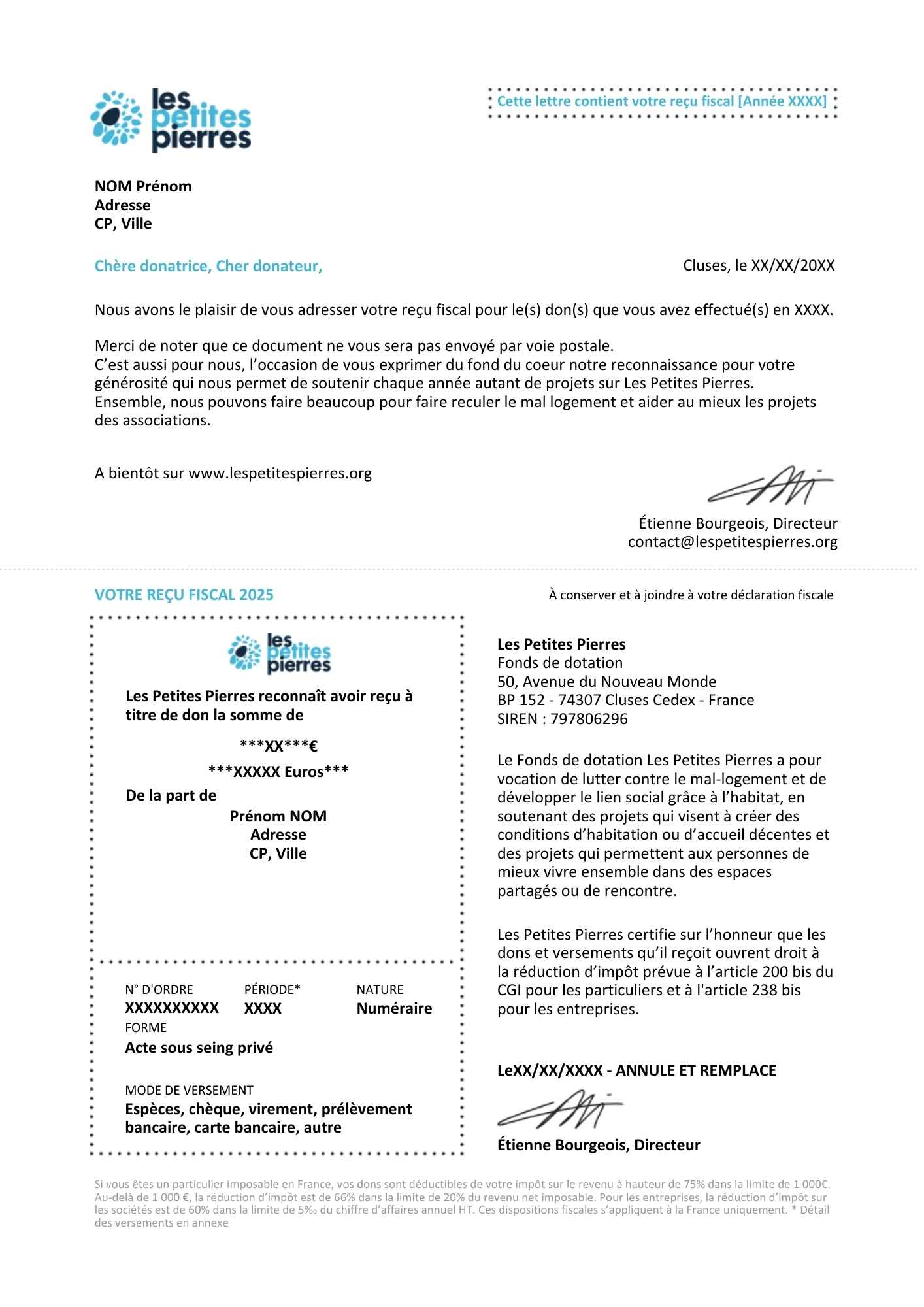 Exemple vierge reçu fiscal Les Petites Pierres