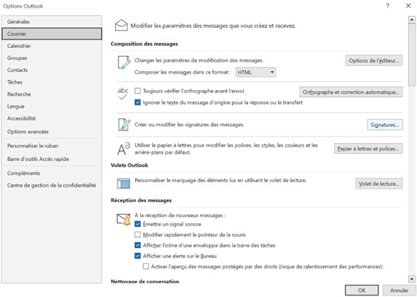 Paramètre signature d'email sur Outlook