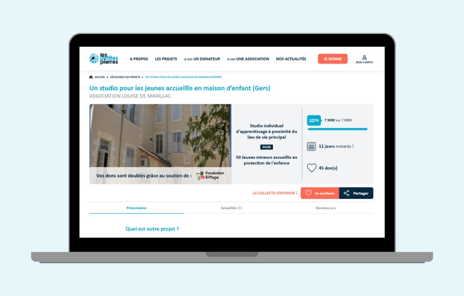 Page projet Les Petites Pierres collecte dépassée de l'objectif