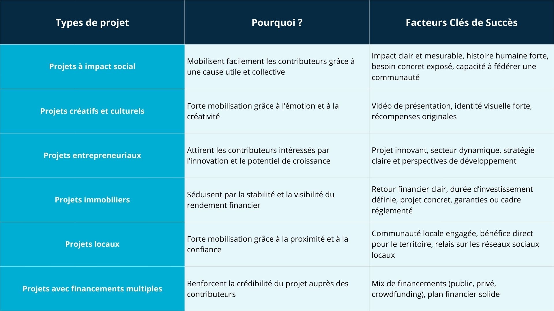 Tableau récapitulatif des projets performants en financement participatif avec leurs facteurs clés de succès
